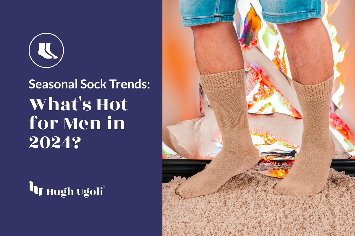 The image shows a man standing in front of a fire, wearing beige socks and denim shorts, with text about seasonal sock trends for men in 2024.